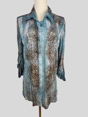 David Cline Glam Leopard Print Tunic Shirt Size L Crinkle Sequin Blue Snap Front